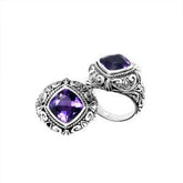 Handmade sterling silver Amethyst Quartz cushion ring with ornate scroll design and rope bezel, artisan Bali jewelry.